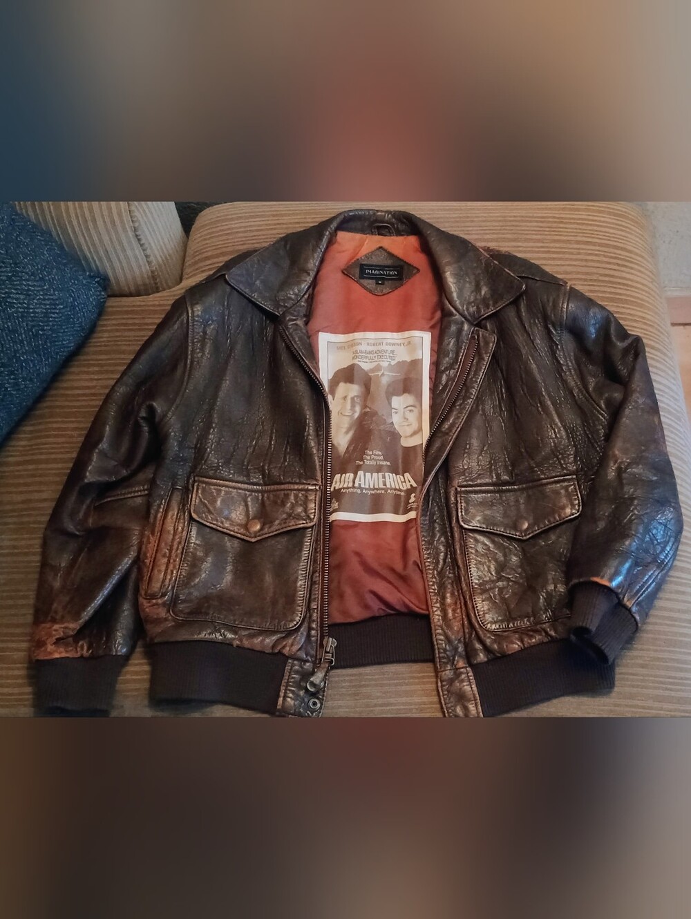 Vintage Air America Movie Set Aviator-Style Brown Leather Jacket -